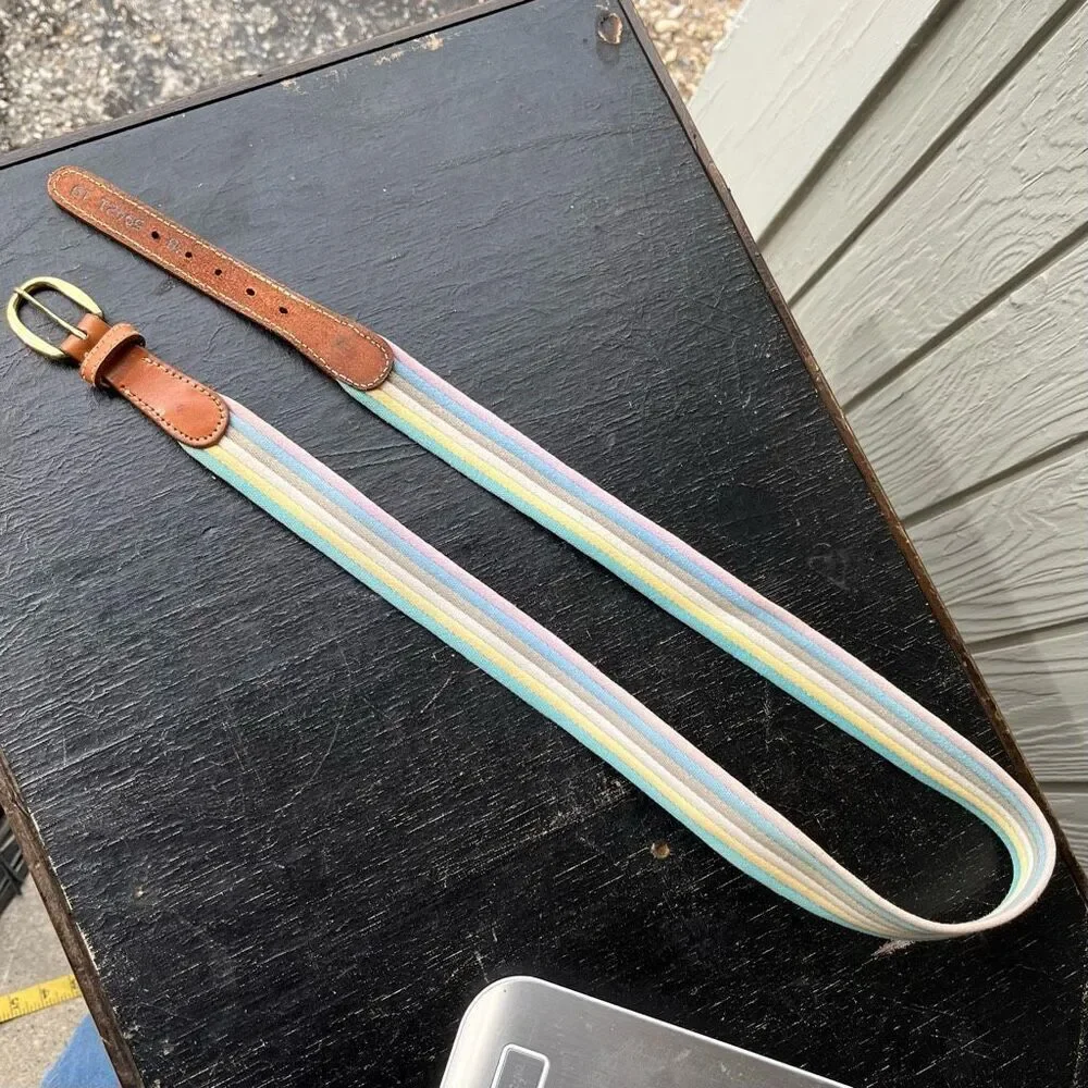 Canterbury Pastel Stripe Canvas Belt Leather & Brass Buckle Size 38